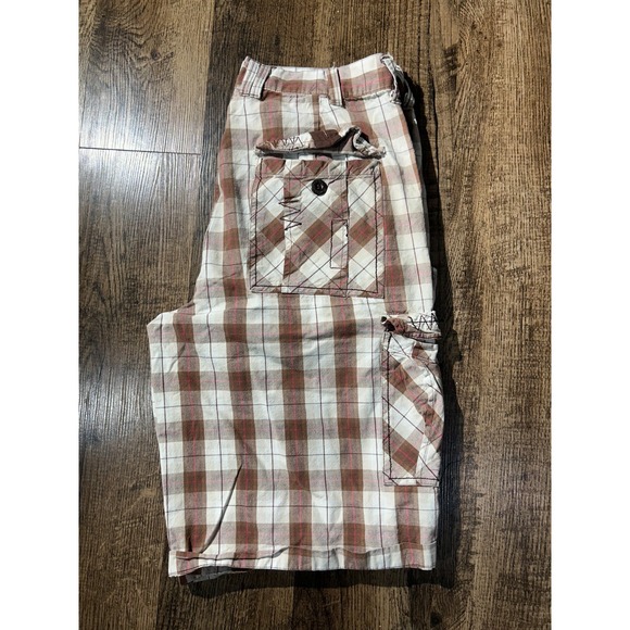 Koman Cargo Shorts Mens 32 White Brown‎ Plaid Utility Pockets Casual Flat Front - Picture 5 of 16